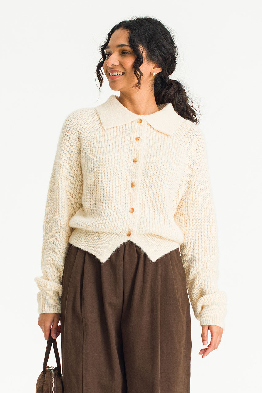 Rina Ribbed Collar Cardigan, Cream