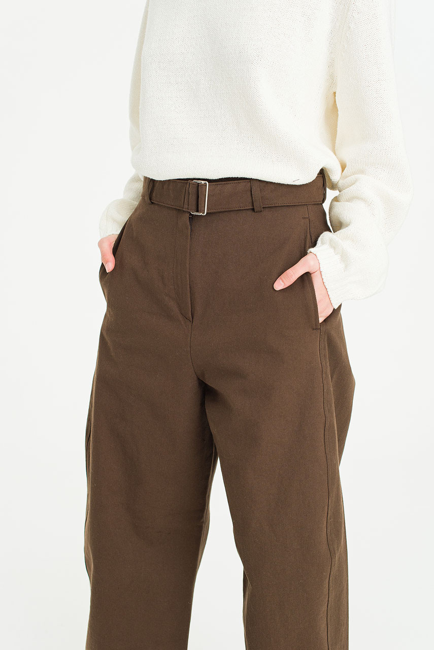 大人気!【LOOKPLE】 Look Eden 575 Cotton Half Banding Pants Belted Wide-Leg Cotton Pants, Brown