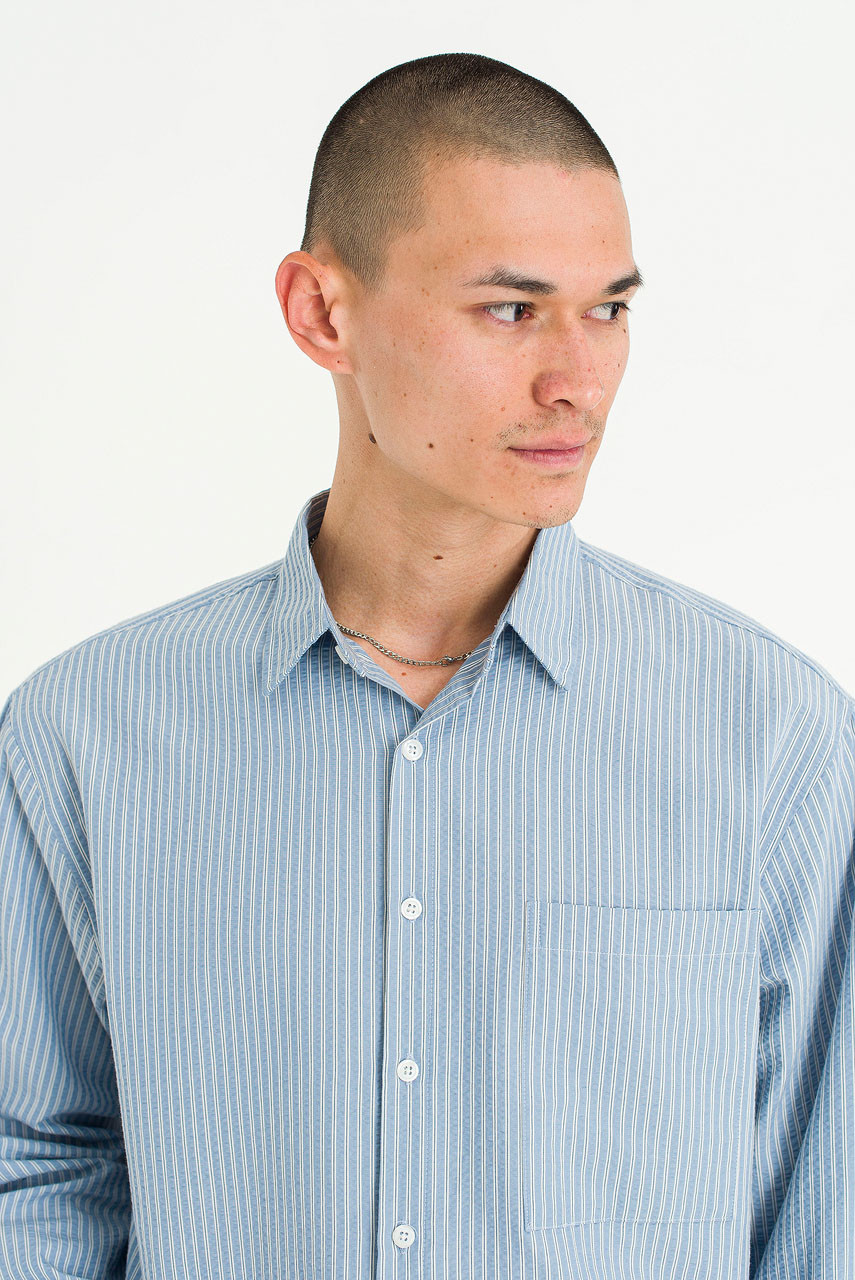 Menswear | Striped Cropped Shirt, Mid Blue