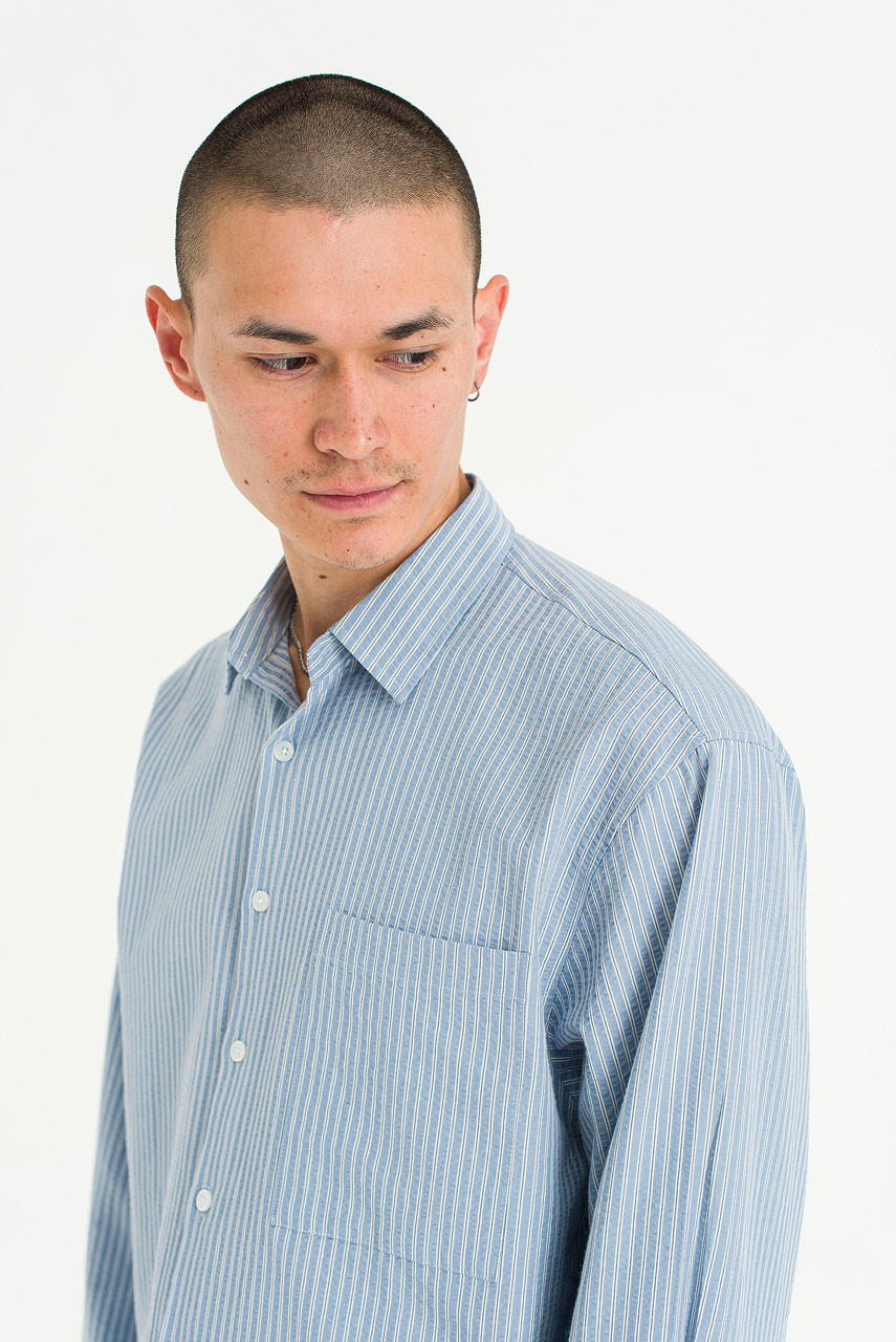 Menswear | Striped Cropped Shirt, Mid Blue