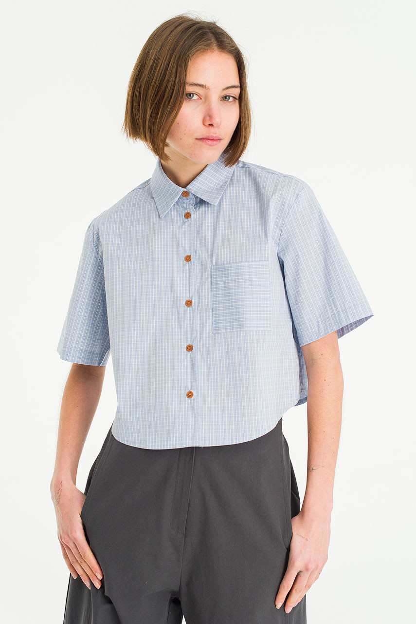 シャツ No.0342 F check cutting crop SHIRT Lime Check Crop Shirt, Blue