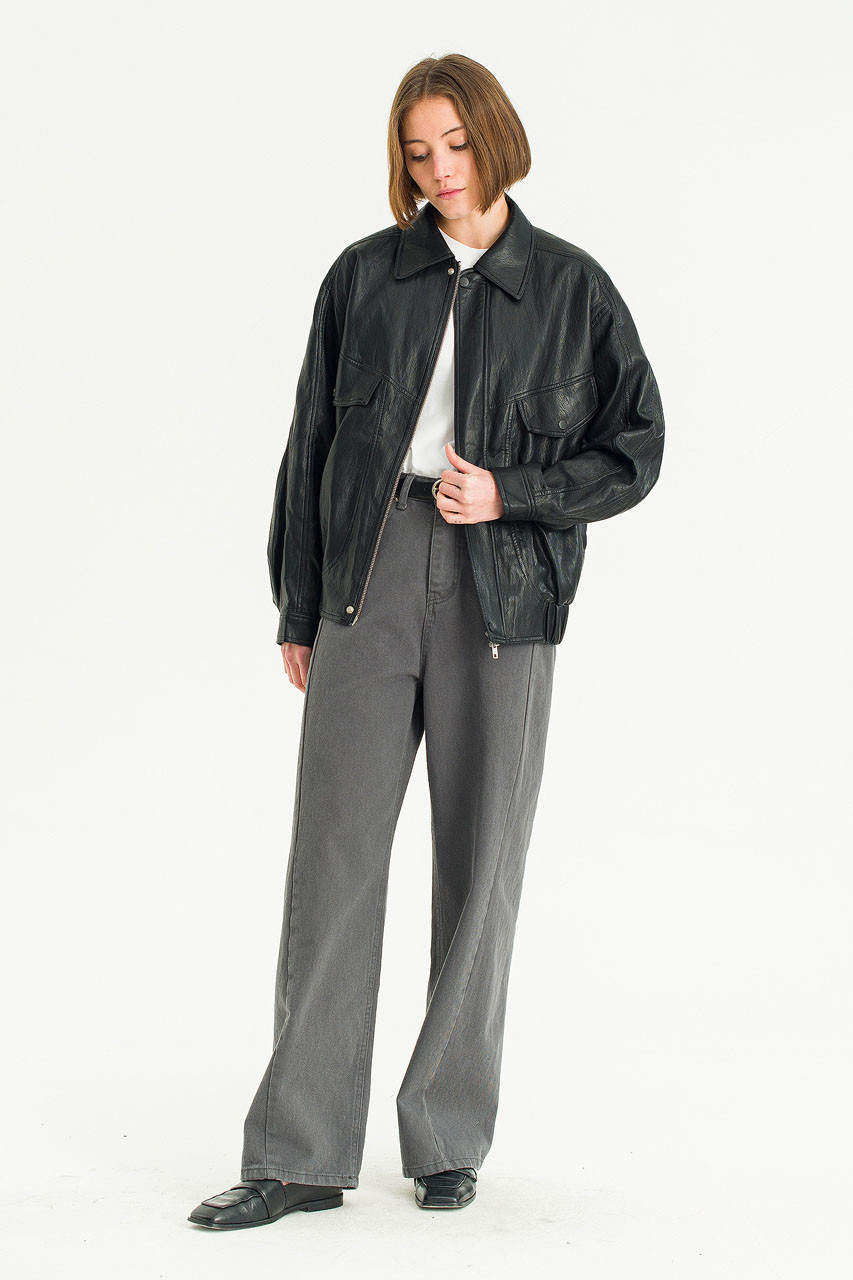 GENTLE FAKE LEATHER JACKET ブラック Faux Leather Blouson, Black