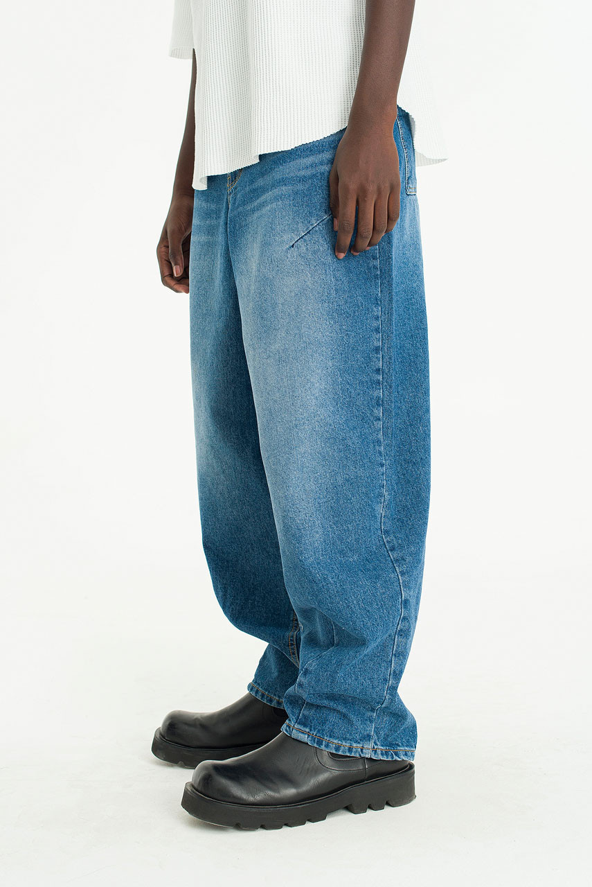 【YOURNUS】Cobble Washing Balloon Denim Menswear | Blushed Balloon Jeans, Mid Blue