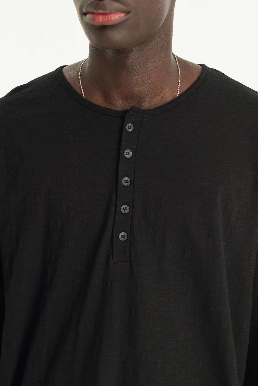 Menswear | Slub Long-Sleeve Henley Tee, Black