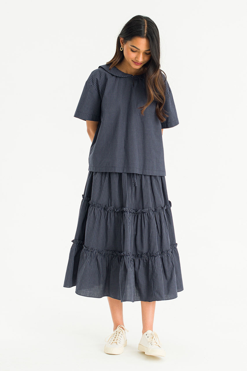 ワンピース Pocket layered check skirt CHARCOAL Kaito Check Mid Length Skirt, Navy