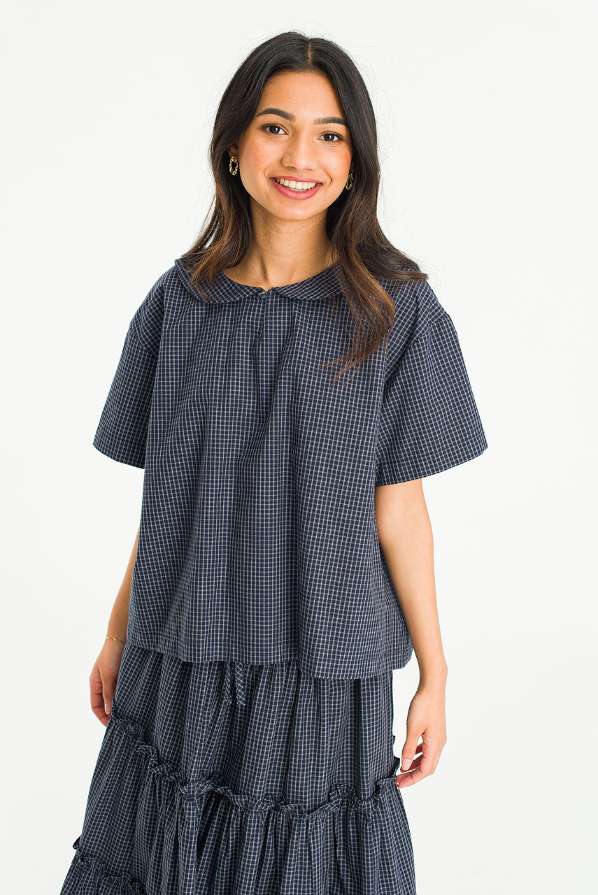 Kaito Check Peter Collar Blouse, Navy
