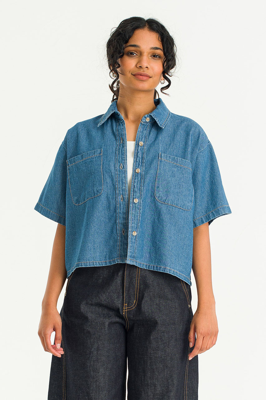 Yoko Denim Short Sleeve Shirt, Mid Blue