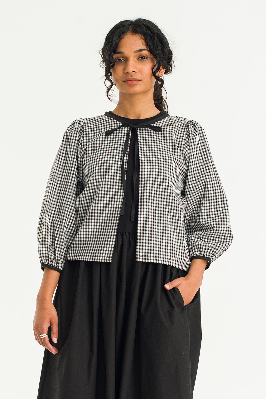 Dani Colour Contrast Cotton Ribbon Cardigan, Gingham Black