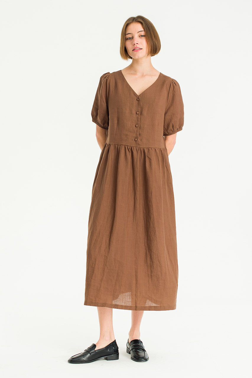 Megan Pea Button Linen Dress, Brown