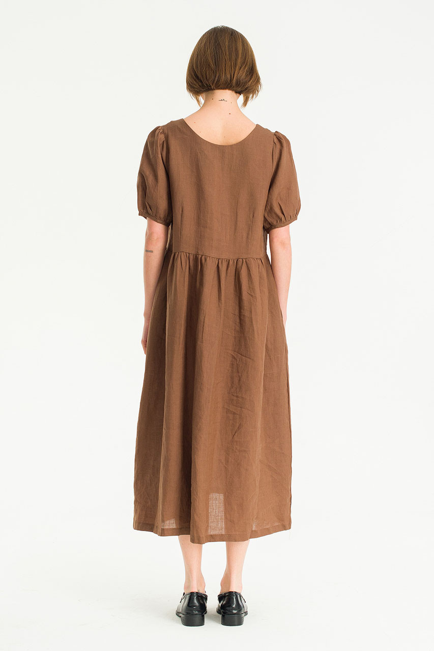 Megan Pea Button Linen Dress, Brown