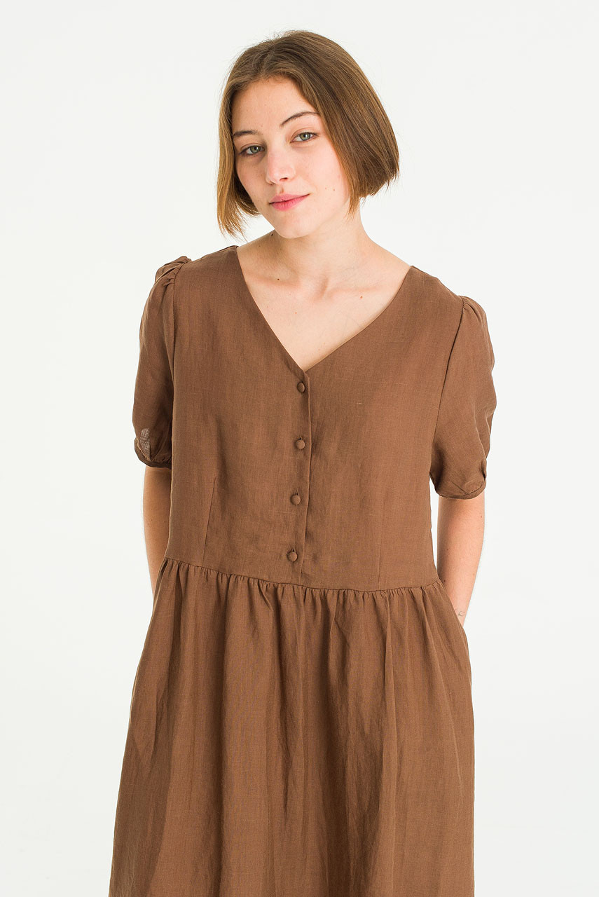 Megan Pea Button Linen Dress, Brown