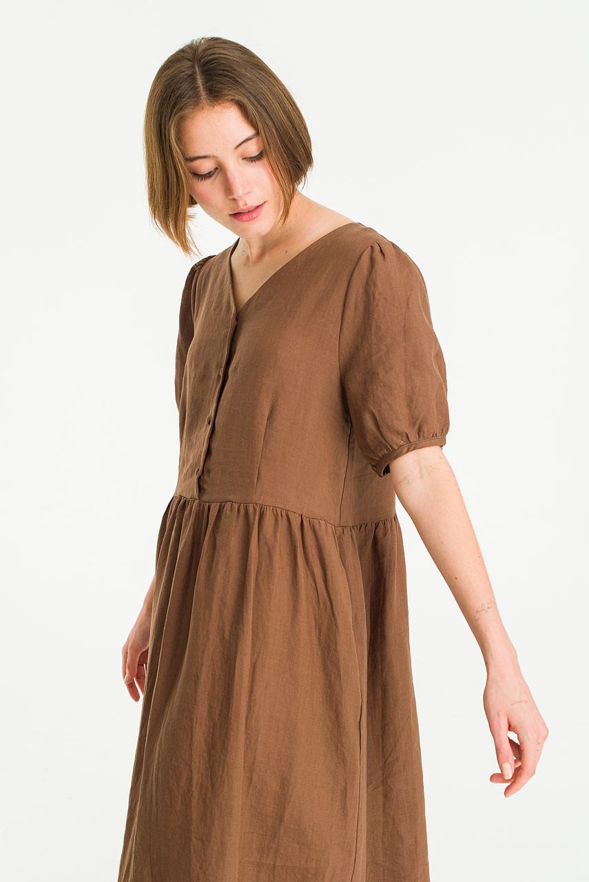Megan Pea Button Linen Dress, Brown