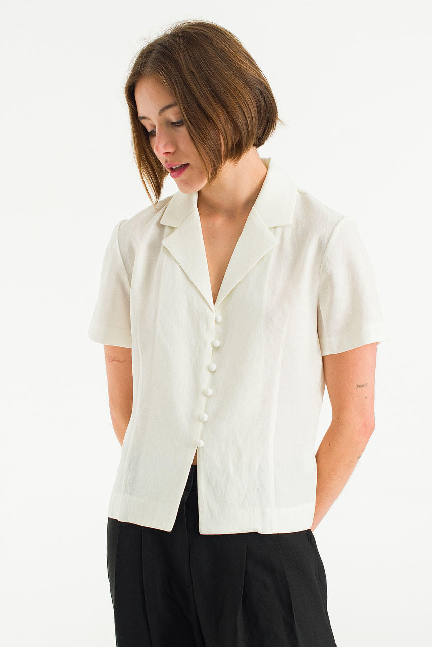 Pea Button Camp Collar Blouse, Ivory