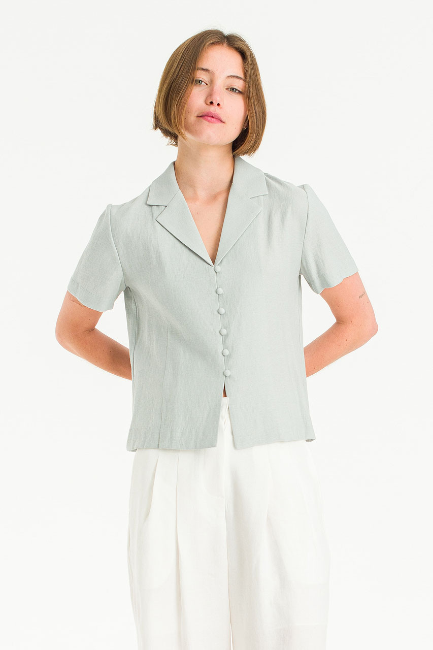 Pea Button Camp Collar Blouse, Mint