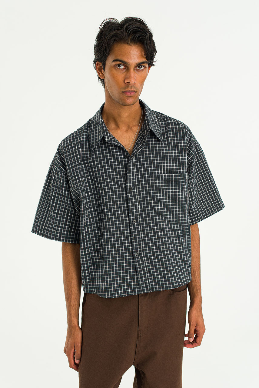 ☆F.ILLUMINATE☆ Neutral check shirt black Menswear | Box Crop Shirt, Charcoal Check