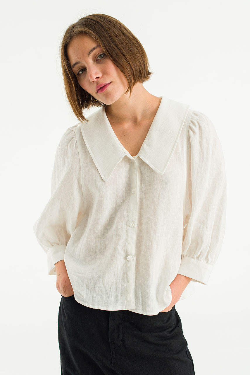 Lune Collar Linen Blouse, Ivory