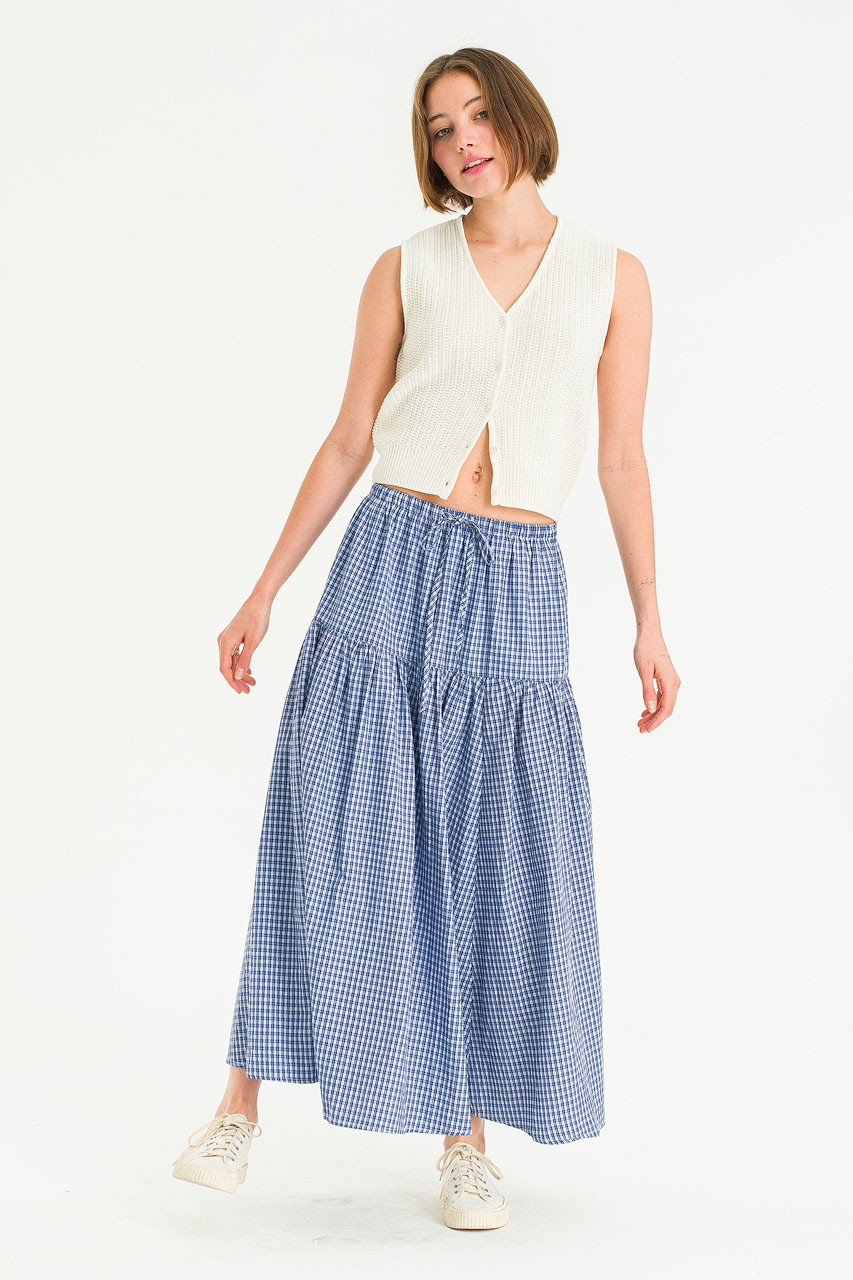 Lune Check Long Skirt, Blue