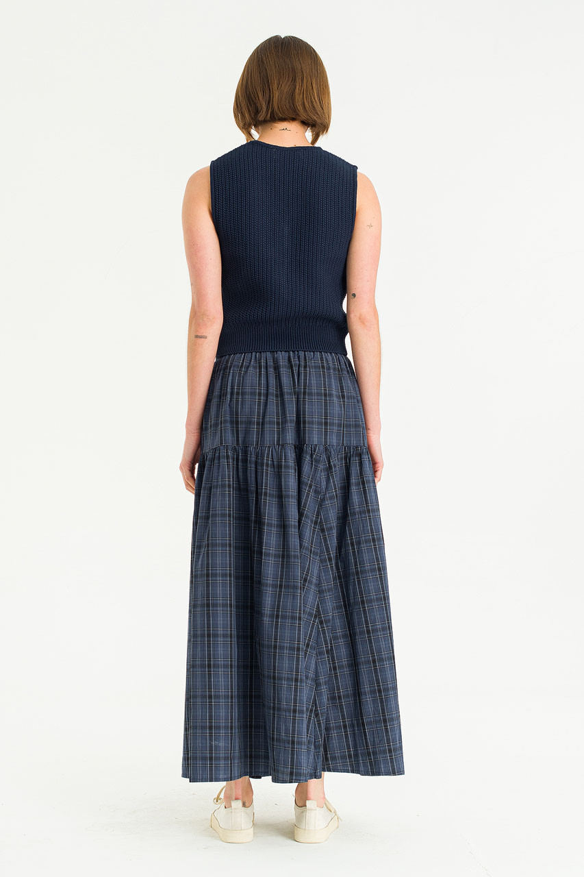 Lune Check Long Skirt, Navy