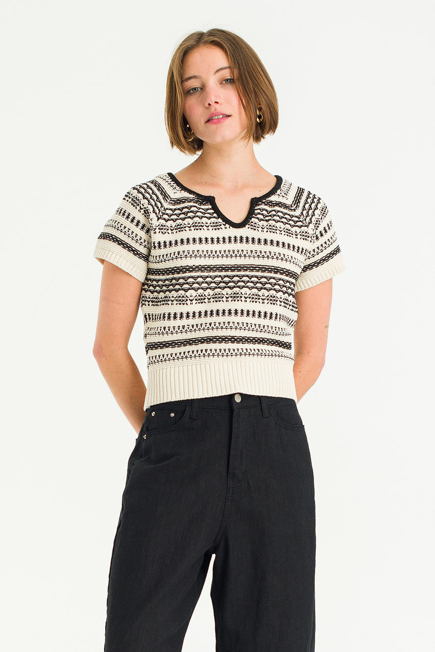 Cotton Jacquard Knit Top, Black
