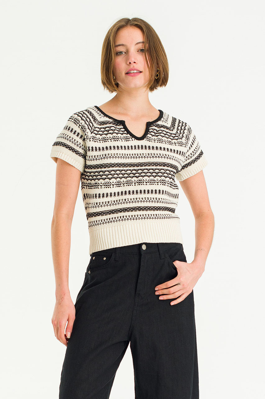 Cotton Jacquard Knit Top, Black