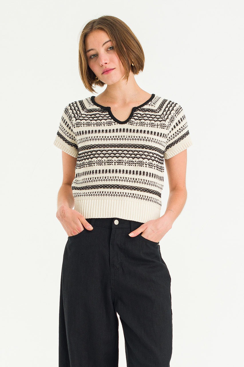 Cotton Jacquard Knit Top, Black