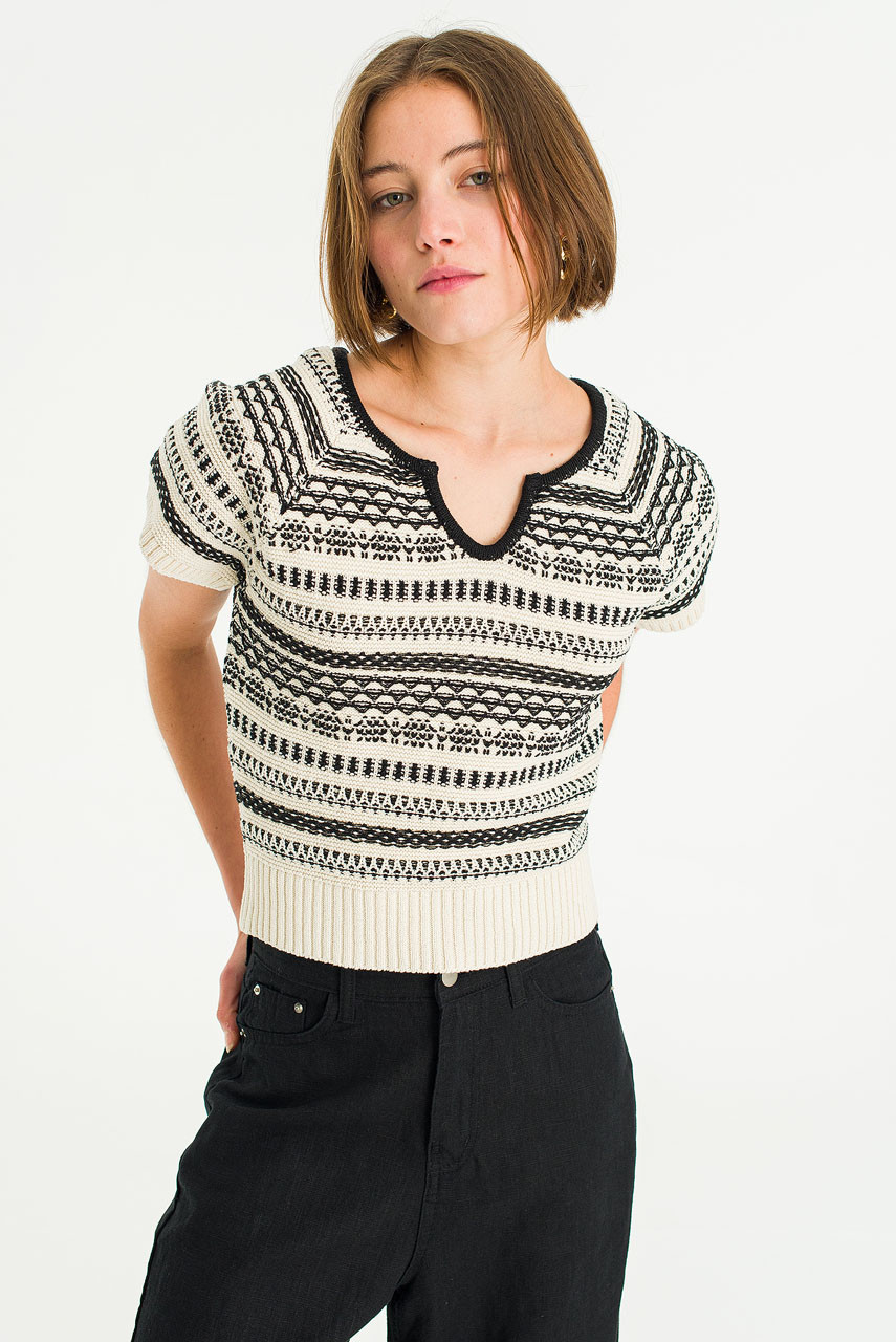 Cotton Jacquard Knit Top, Black
