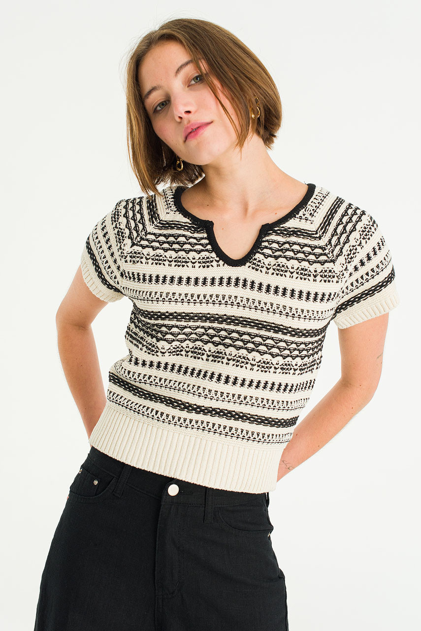 Cotton Jacquard Knit Top, Black