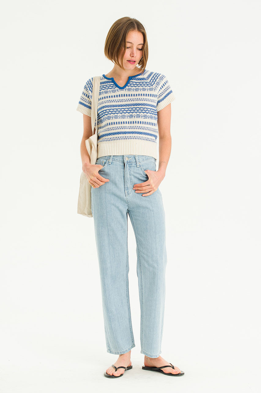 Cotton Jacquard Knit Top, Blue