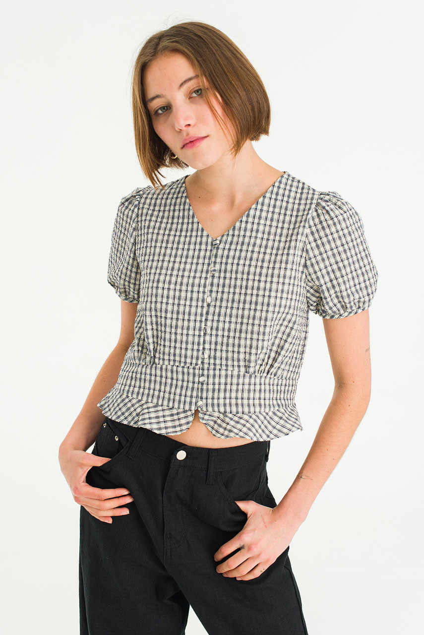 Dovie Check Blouse, Ivory/Navy