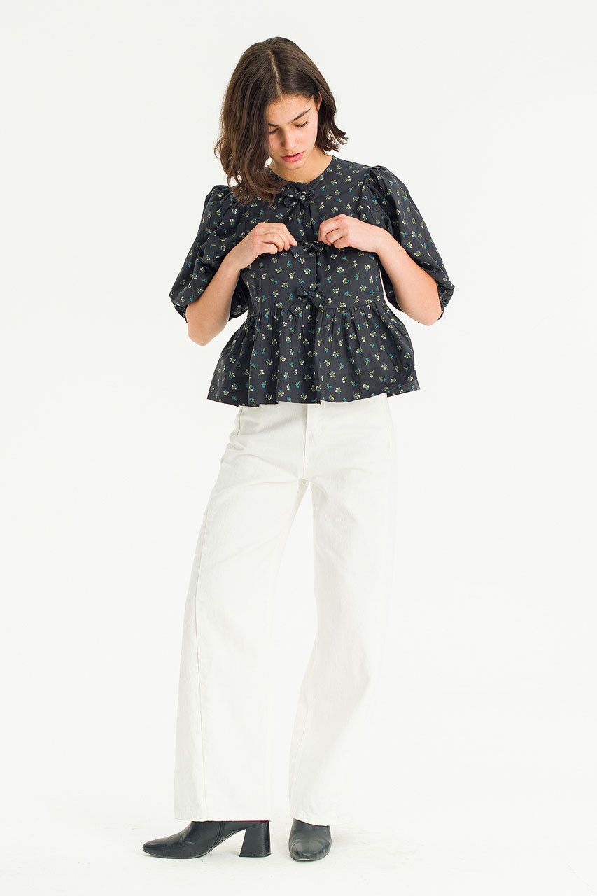 Anne Klein 3/4 Sleeve Floral Applique Blouse With Fabric Mix