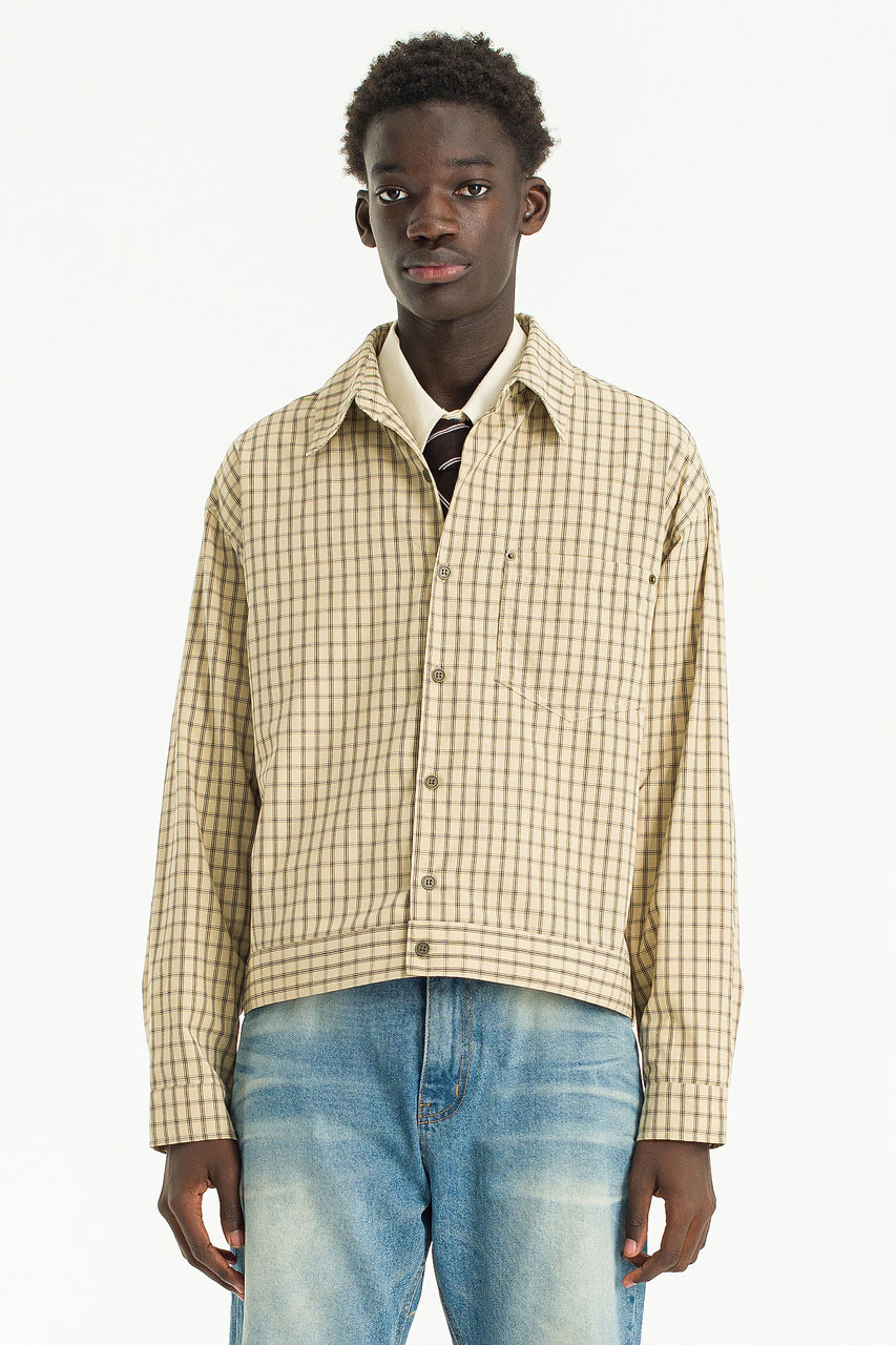 Menswear | Windowpane Check Overshirt, Beige 