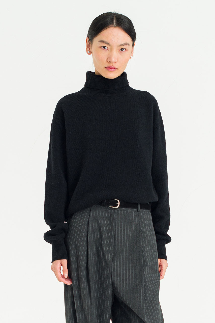 Fine Cashmere Mix Roll Neck Jumper, Black