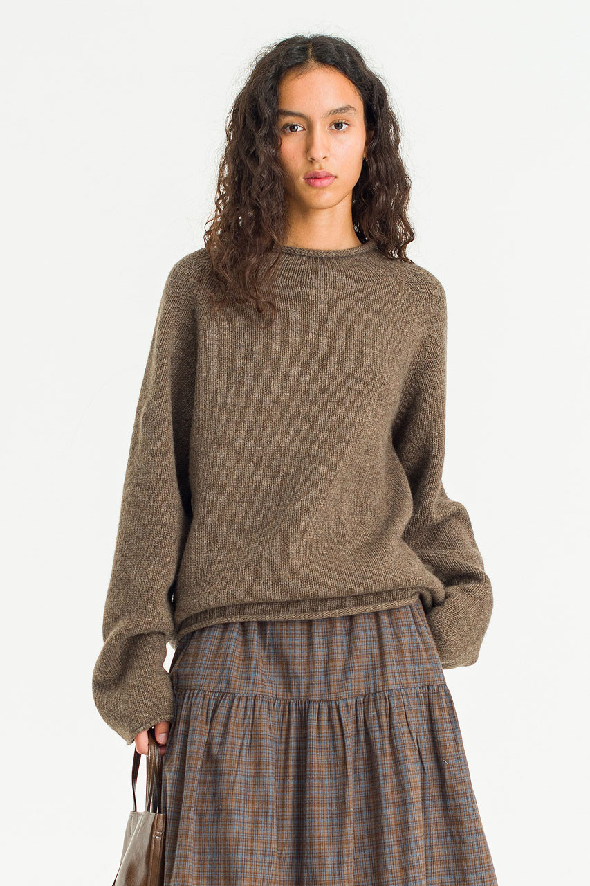 Boat Neck Wool Boxy Jumper, Brown