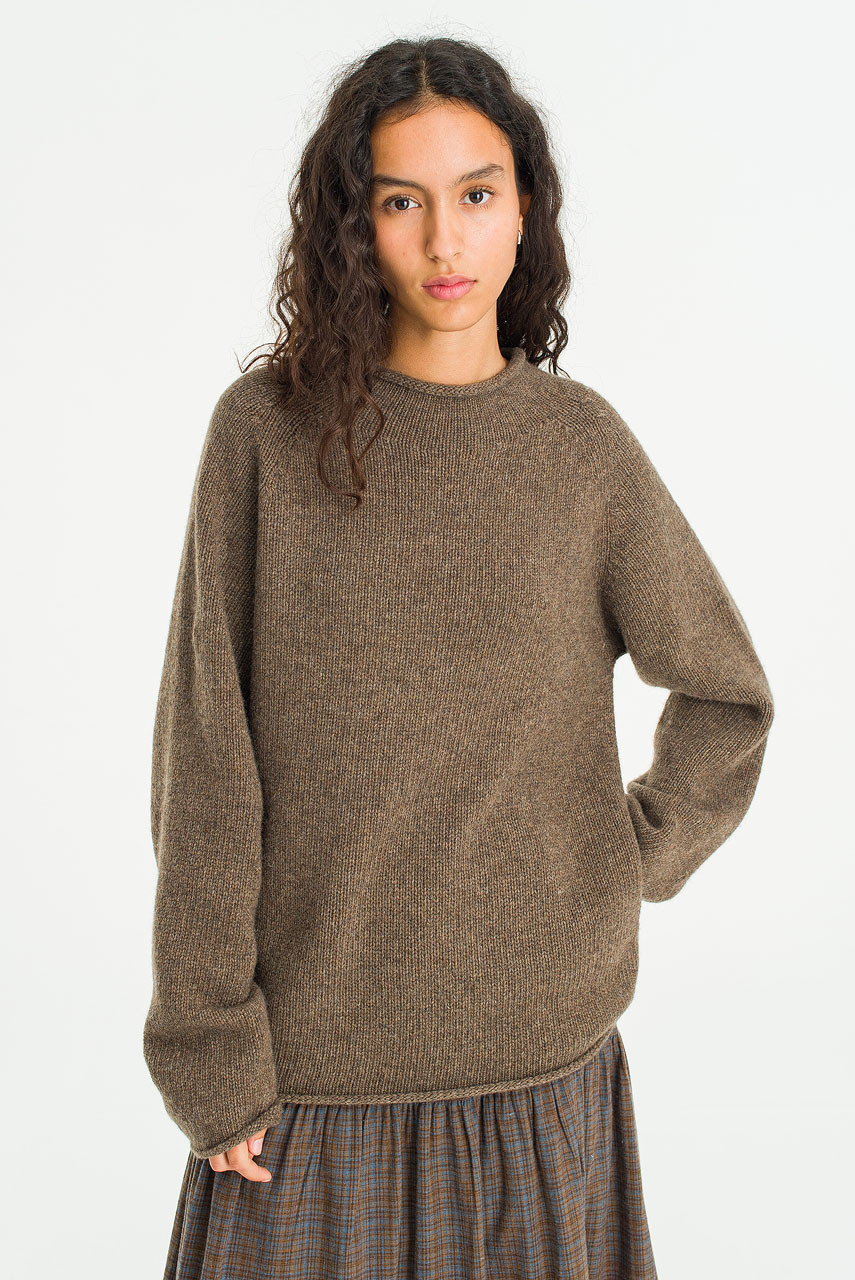 Boat Neck Wool Boxy Jumper, Brown