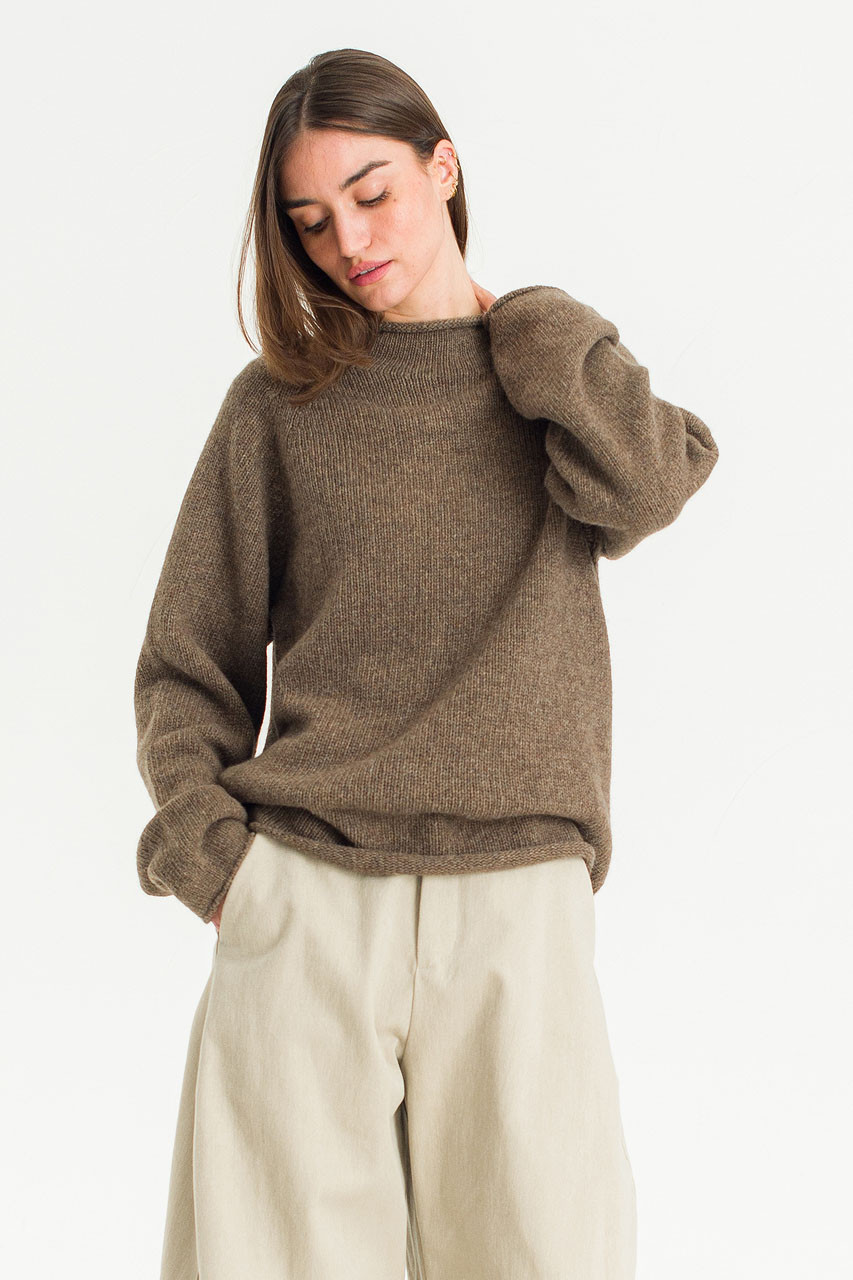 Boat Neck Wool Boxy Jumper, Brown