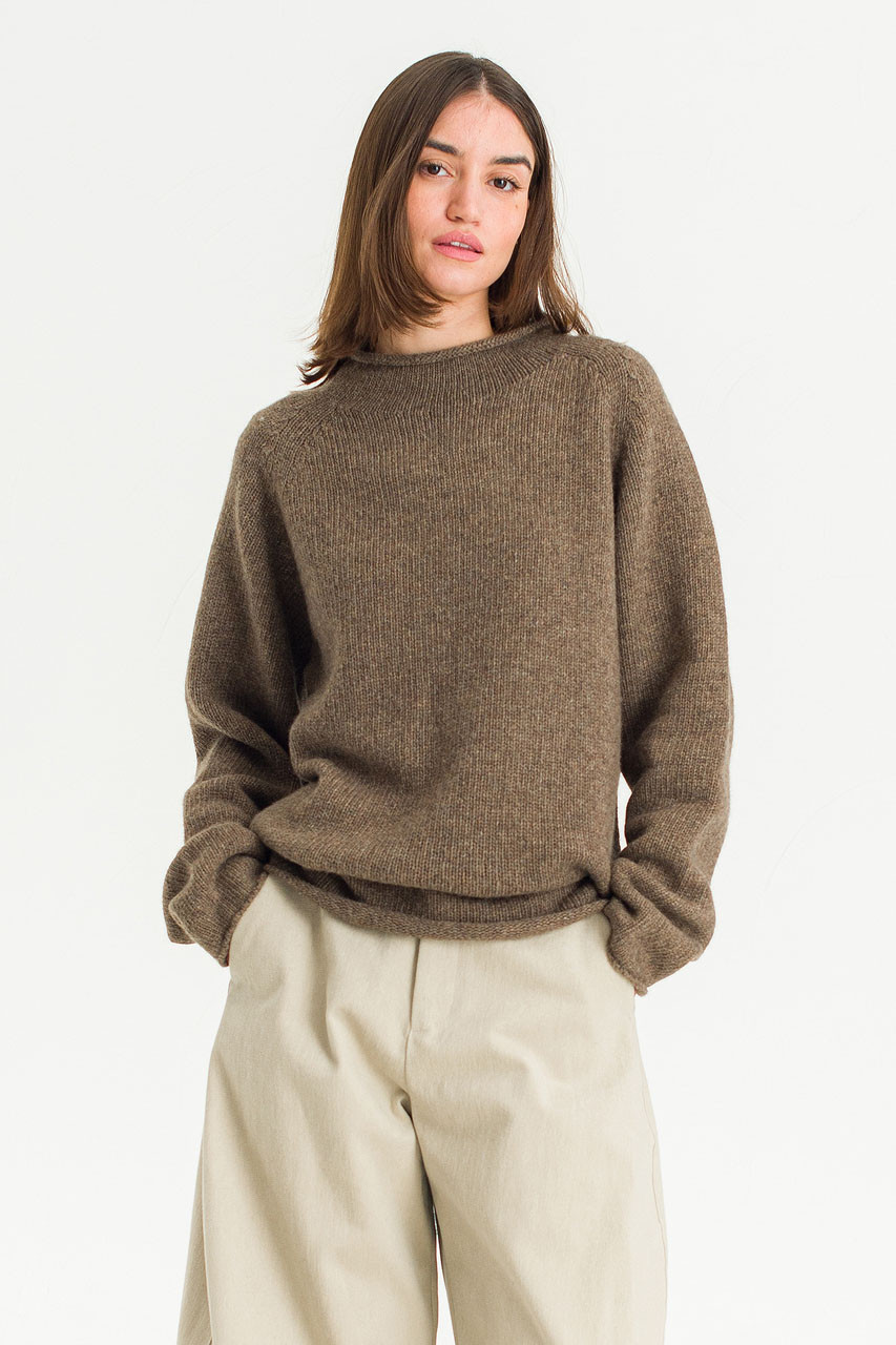 Boat Neck Wool Boxy Jumper, Brown