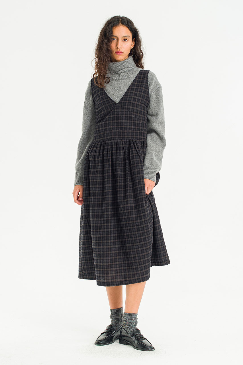 Pure Check V Neck Dress, Check Black