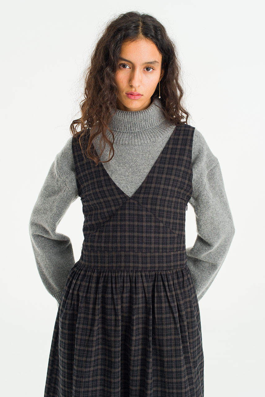 Pure Check V Neck Dress, Check Black