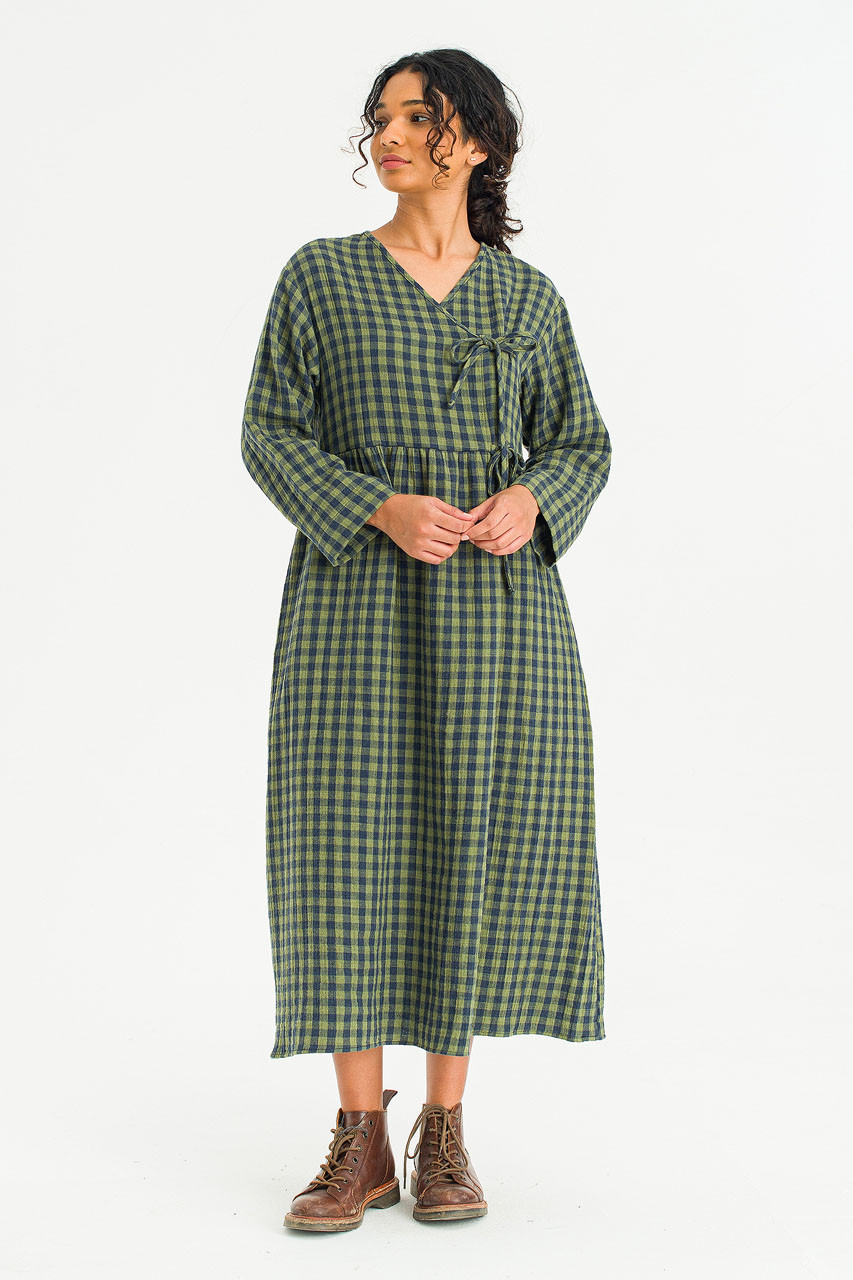 Tasha Double Face Wrap Check Dress, Green