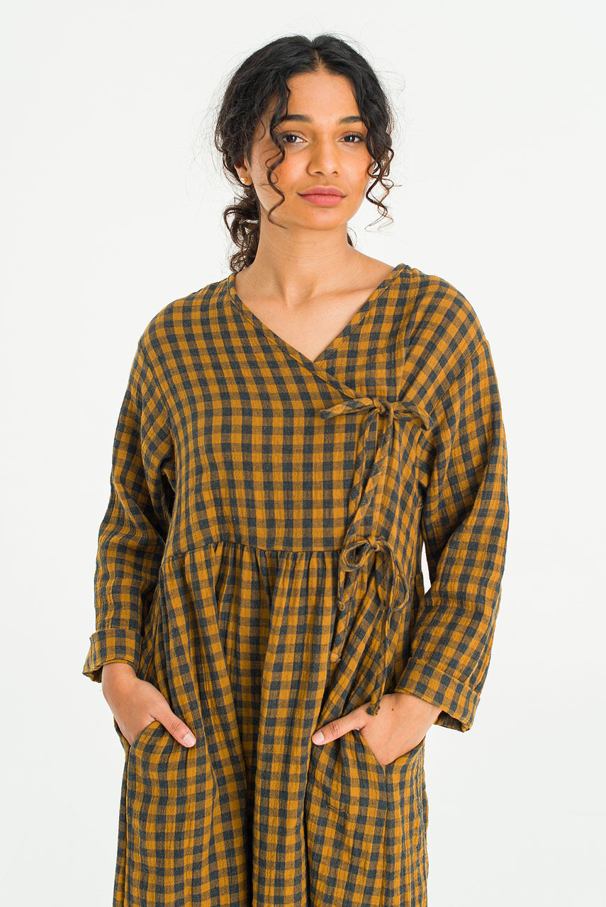 Tasha Double Face Wrap Check Dress, Mustard