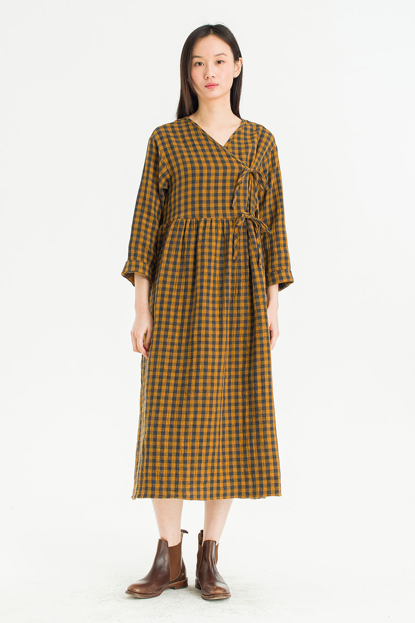 Tasha Double Face Wrap Check Dress, Mustard