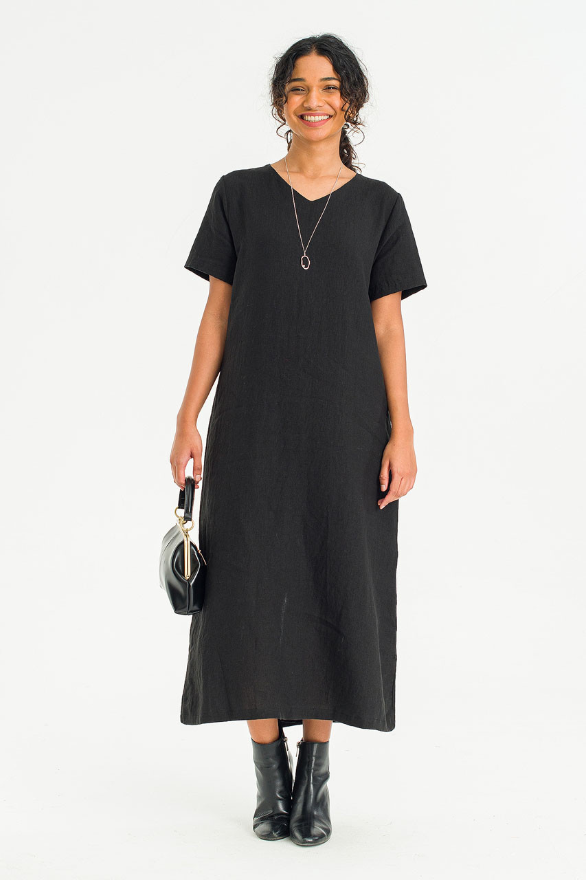 Mille Natural Linen Dress, Black