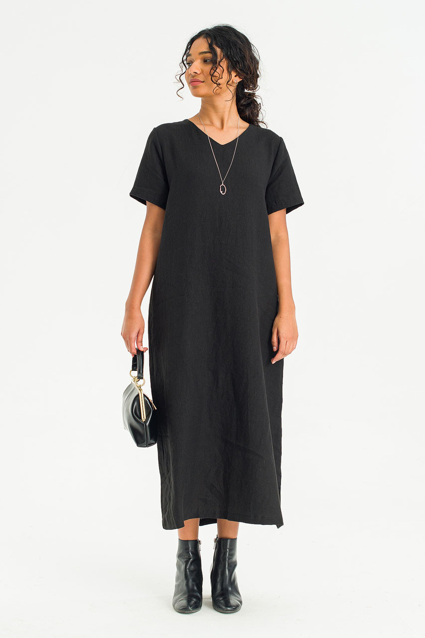 Mille Natural Linen Dress, Black