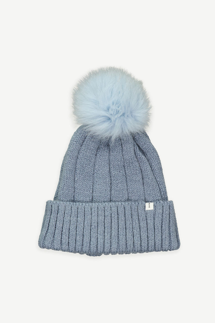 Pom Pom Ribbed Beanie, Sky Blue