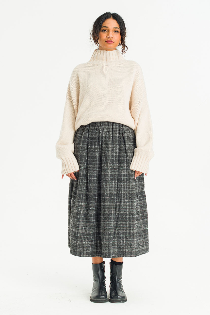 Mere Check Long Skirt, Grey