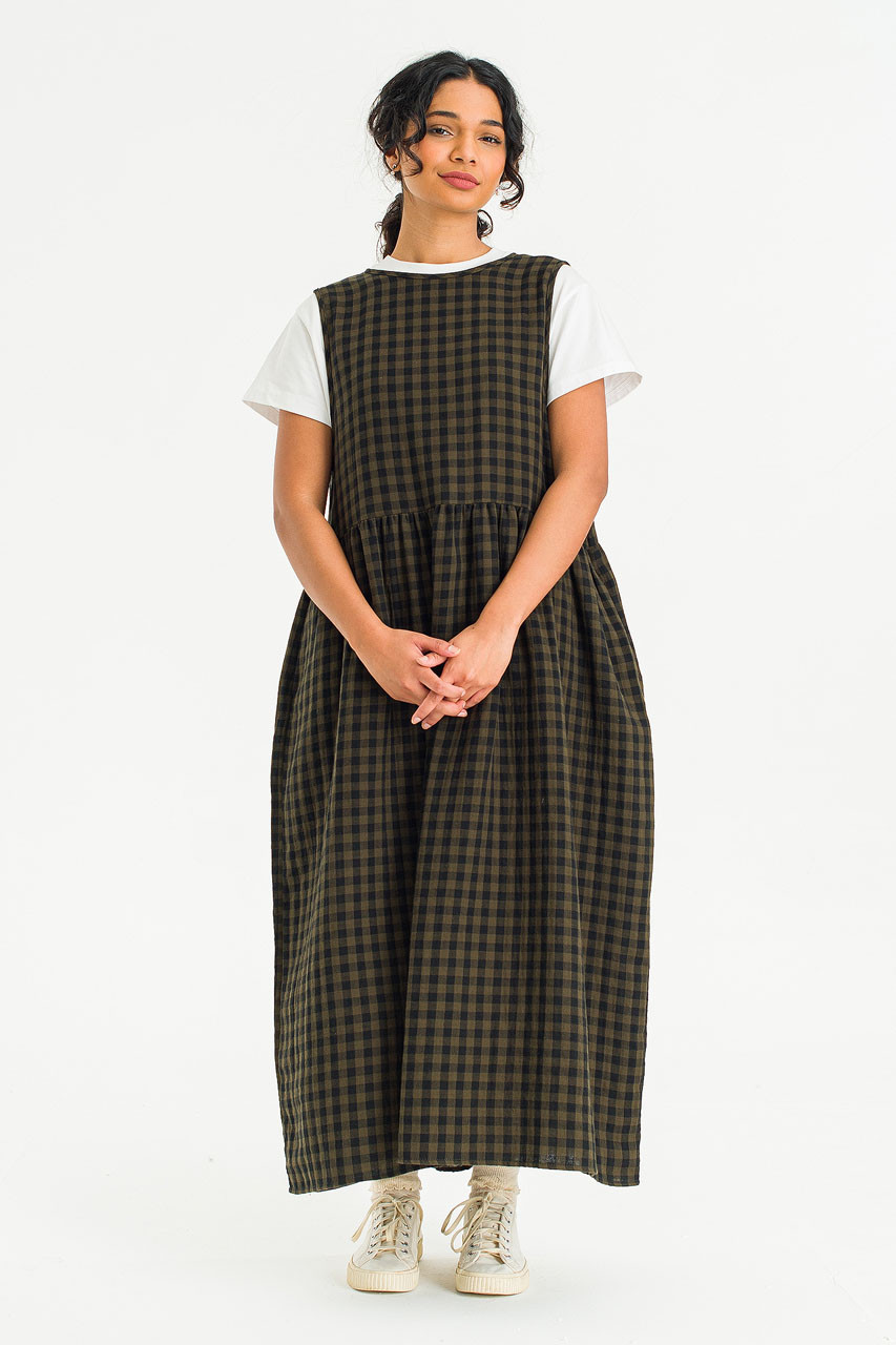 Tasha Check Relax Pinafore Dress, Khaki