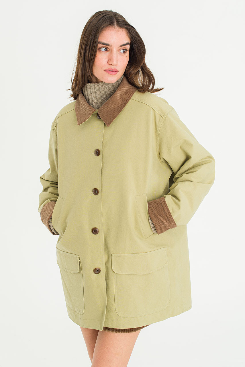 Silent Boxy Contrast Collar Coat, Light Khaki