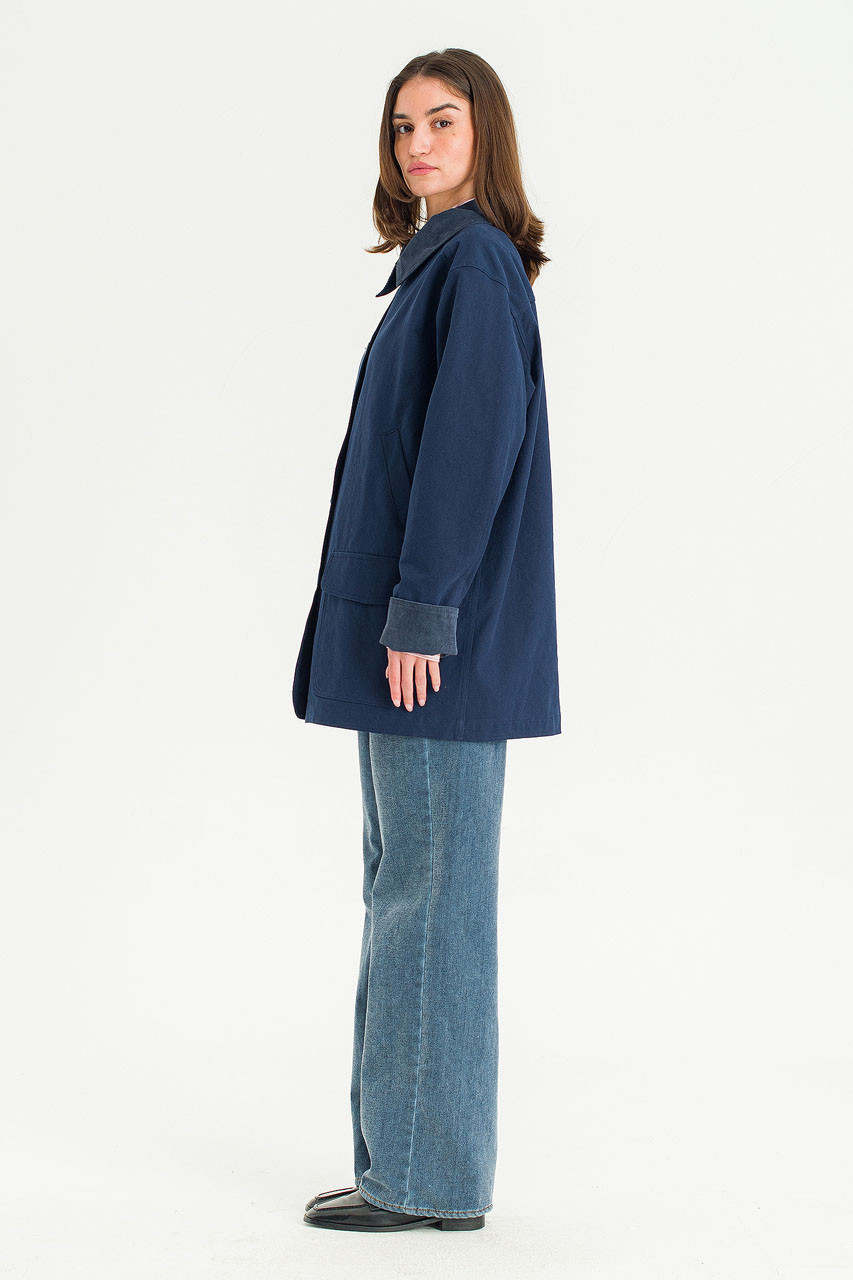 Silent Boxy Contrast Collar Coat, Navy