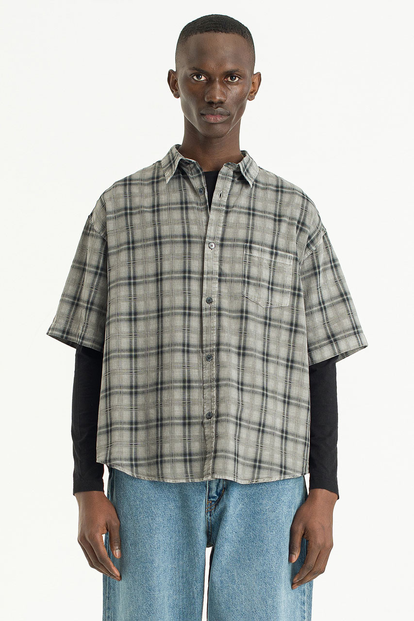 Menswear | Pigment-Dyed Check Shirt, Light Grey