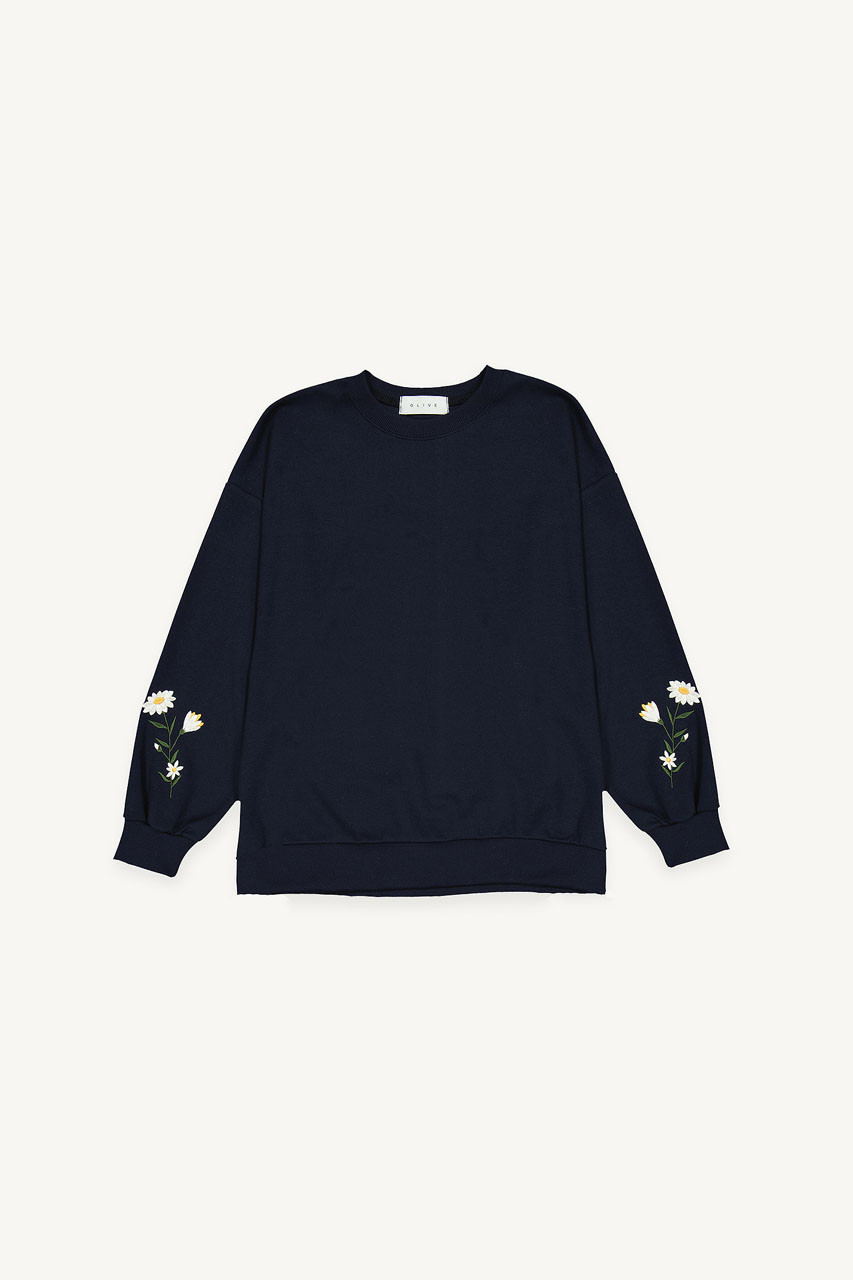 Flower Embroidered Sleeve Sweatshirt, Navy